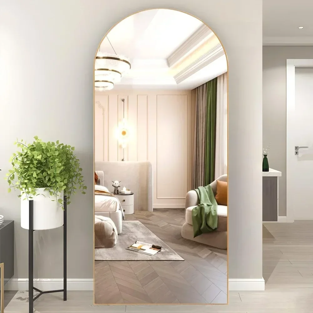 מראה באורך מלא, מראת קשת בגודל 64x21 אינץ 'עם מעמד, מראת גוף מלאה עם קשת זהב עומדת או מתקפלת לחדר השינה