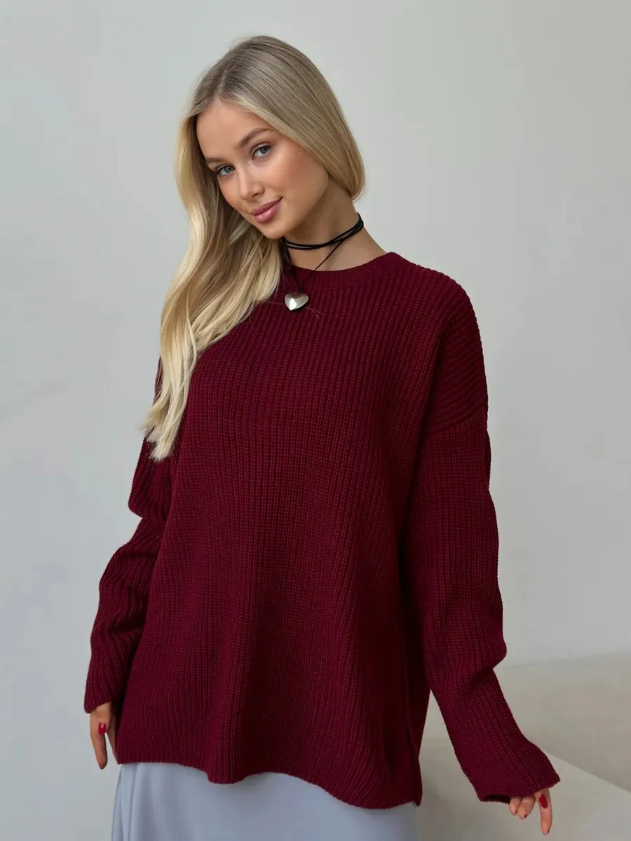 Bornladies Women's Winter Sweater Basic Minimalist Solid Color Loose O-Neck Knit Pullover Soft Warm Daily Casual Jumpers