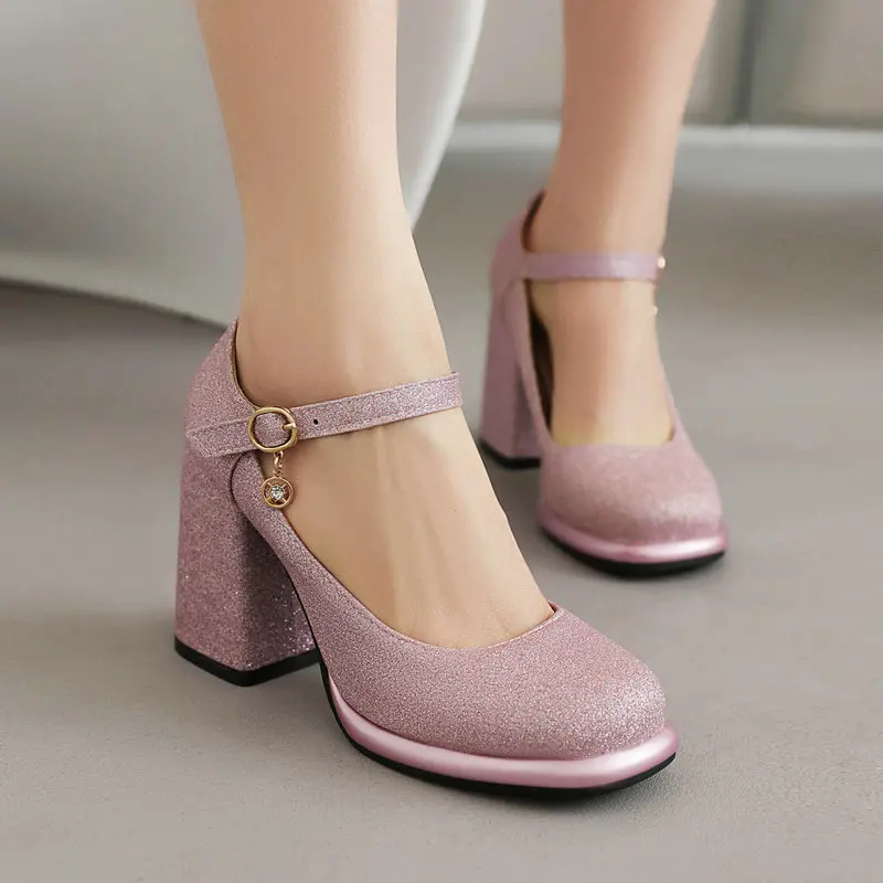 

Women's Shoes With Straps Sandals Ladies Casual Heels Work Dress Professional Square Toe Bling Bling Shallow Mouth Mary Jane Buc