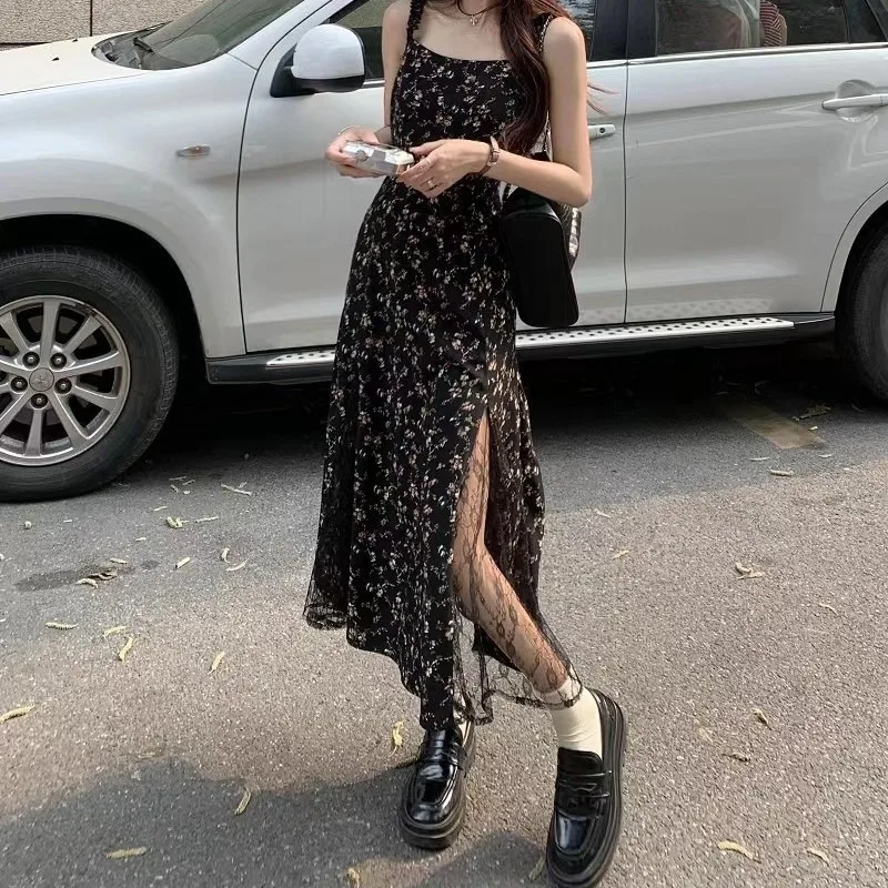 

Y2k Vintage Black Floral Dress Women Korean Mesh Irregular Split Slip Long Chiffon Fairy Vestidos Summer Bohemian Robe Платье