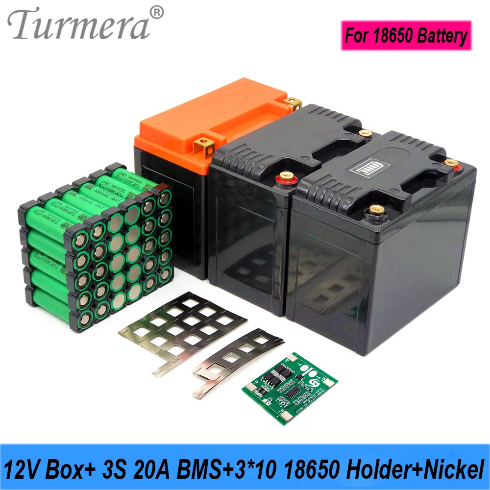 Turmera 12V 20Ah to 35Ah Motorcycle Battery Storage Box 3X10 18650 Holder 3S 20A BMS with Solder Nickel Use in Replace Lead-Acid