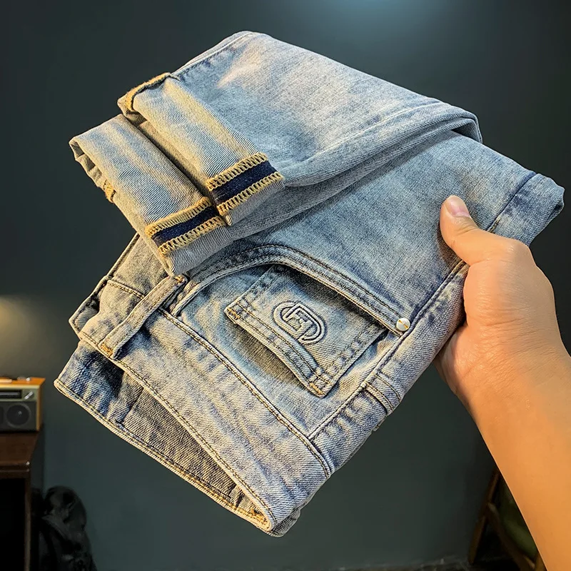 High-End Affordable Luxury Jeans Men's Fashion Personality Embossed Tapered Fashion Elastic2024New Versatile Cropped Pants