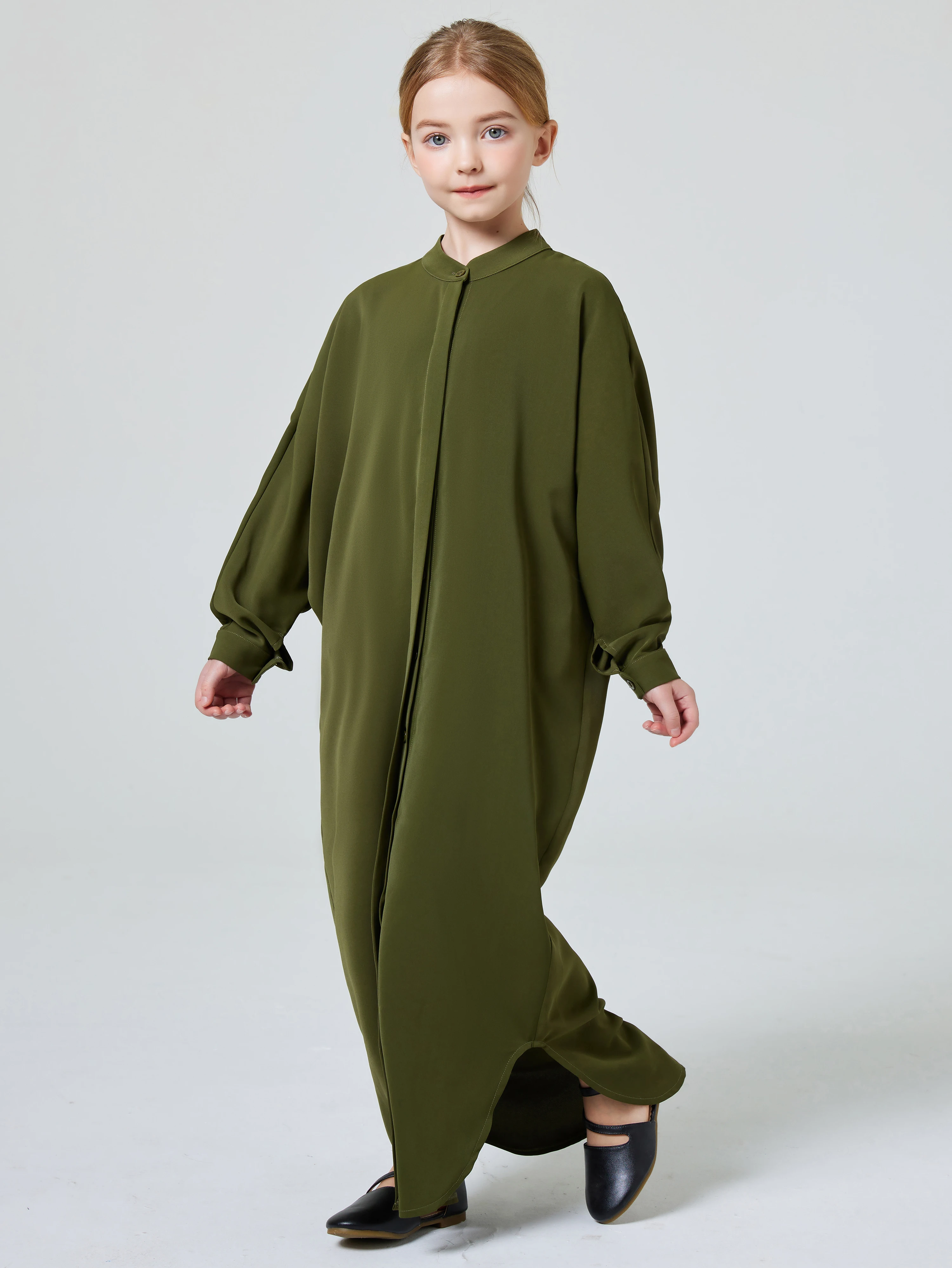 Ramadan kids Abayas Muslism Elegant Girl's Solid Crew Neck Long Sleeve Kaftan Dress For Pray Party,  Abaya Dubai luxury