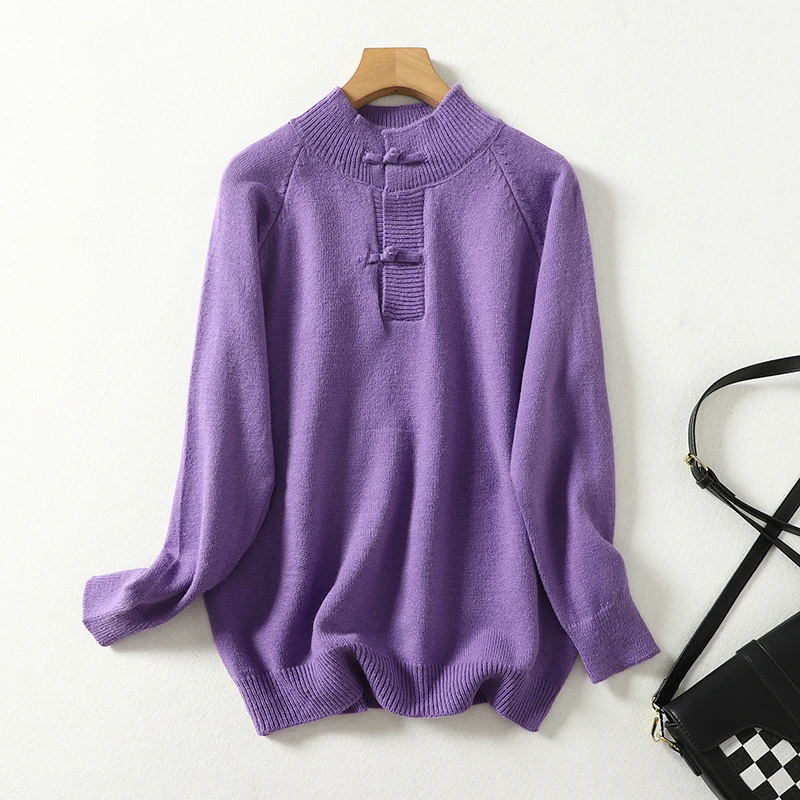 

Осенне-зимний винтажный женский свитер, Модный повседневный однотонный простой женский топ с полуоткрытым воротником и длинным рукавом