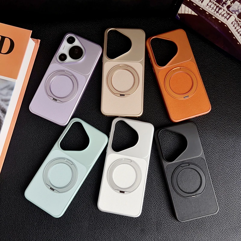 Fashion Magnetic Lychee Texture PU Leather Ultra Thin 360° Rotation Ring Stand Phone Case