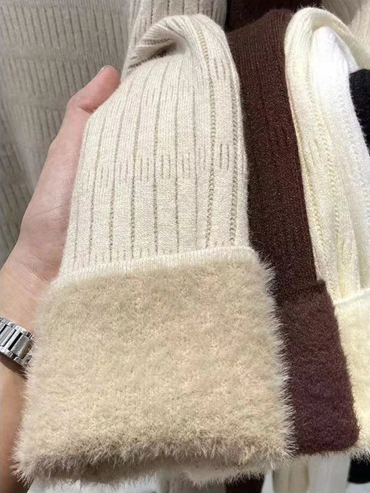 Women Warm Knitted Turtleneck Sweater Winter 2025 Solid Base Layer Top Korean Style Fleece Lined Long Sleeves Thick Pullover 45