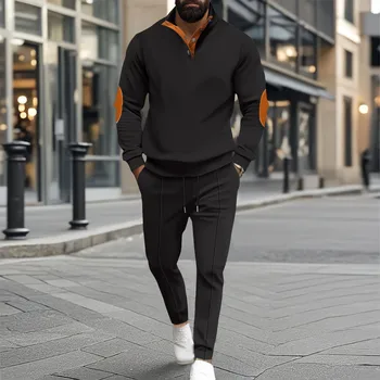 Spring and autumn new 2025 men Waffle solid color stand collar long sleeve splicing hoodie casual pair trousers two sets