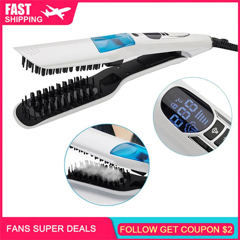 Steam Hair Straightener Brush Professional Ceramic Tourmaline Steam Spray Flat Iron Hair Straightening Comb with LCD Display