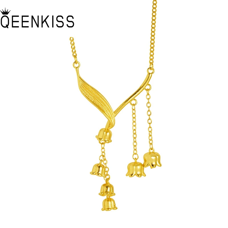

QEENKISS 24KT Gold Flower Tassel Jewelry Set For Women Necklace+Ring Fine Jewelry Wedding Party Birthday Bride Lady Gift JS559