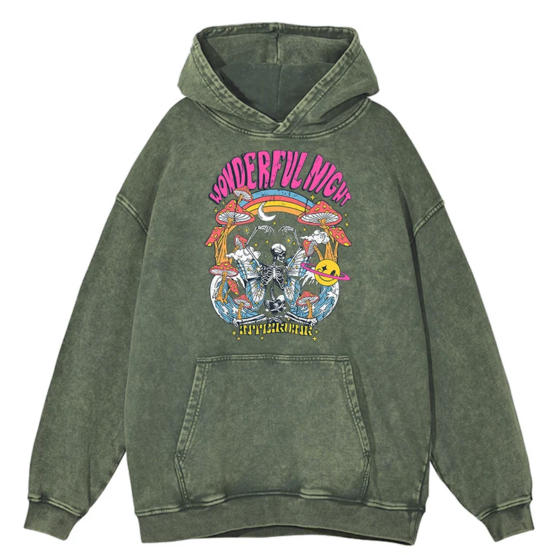 Sudadera con capucha retro desgastada con diseño de esqueleto de noche maravilloso y mariposa para hombre y mujer, ropa de hip hop, jersey 100 % algodón