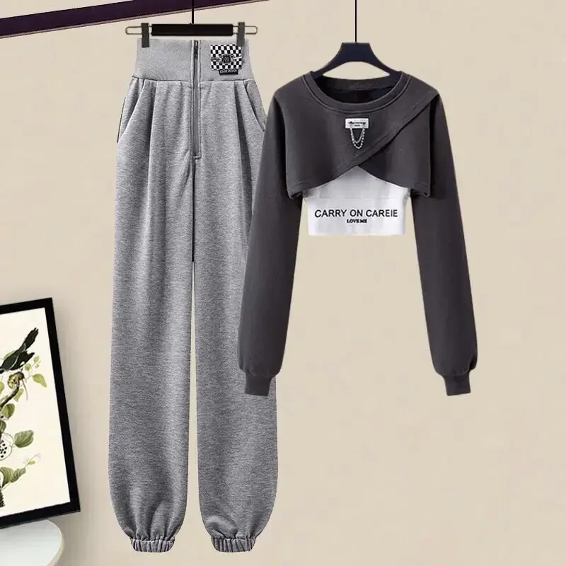 New Korean Elegant Sportswear Suit Women's Spring Autumn Fashion Short Sweater+Suspenders+Pants Three Piece Female Tracksuit Set