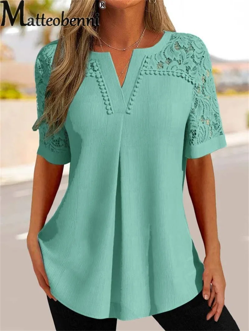 

Summer Hollow Out Lace Short Sleeve T-Shirt Ladies Solid Color V Neck Pullover Top Women Elegant Comfortable Casual Pleated Tees