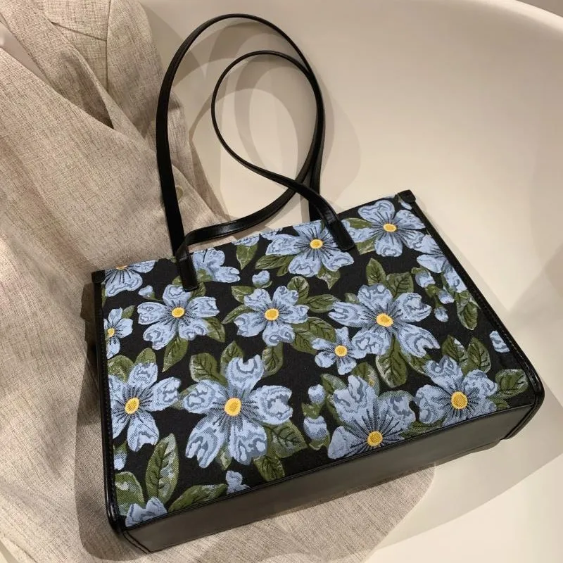 Retro Floral Print Chain Tote Bag Women Leather Square Patchwork Large Capacity Shoulder Bag Ladies Elegant Premium Handbag 2025