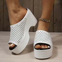 Sandales à talons compensés pour femmes, chaussures confortables à talon incliné, respirantes, maille creuse, vêtements d'extérieur, sandales à plateforme de plage, été 6