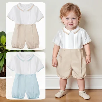 Gentleman Boys Summer Solid 2 Pieces Sets 9 12 18 24 36 Months Toddler Birthday Wedding Outfit Soft Cotton Infant Clothes 1