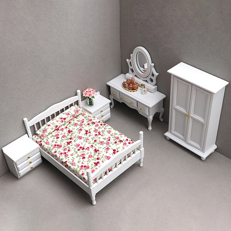 Beds & Furniture Bedroom Set Furniture Wooden Wardrobe for Bedroom Miniature Wardrobe Dolls Dollhouse Bedroom Bed Dresser 