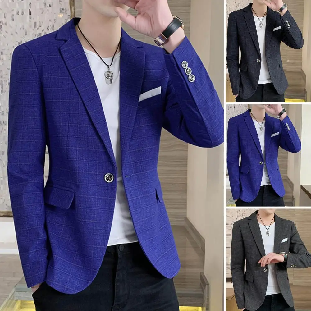 

Men Suit Coat Single Button Plaid Lapel Cardigan Anti-wrinkle Wedding Coat Long Sleeves Slim Fit Wedding Suit Coat Men Garment