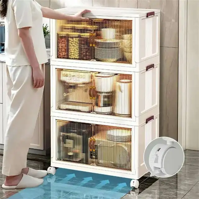 มัลติฟังก์ชั่พลาสติกตู้ครัวเฟอร์นิเจอร์ชั้น Multi-Layer ตู้ห้องนั่งเล่นที่เรียบง่ายกล่องเก็บของพับได้ 5