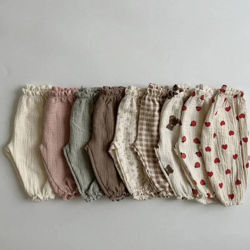 

Брюки для маленьких мальчиков и девочек, хлопковые брюки для новорожденных, весна-лето, милая одежда из муслина с принтом, брюки, шаровары