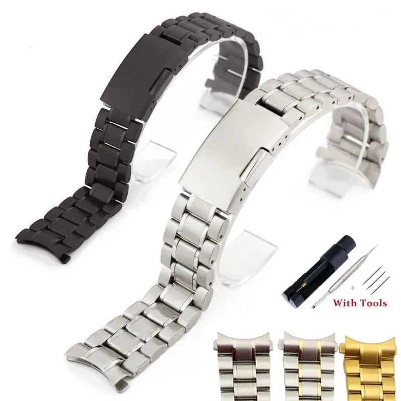 Premium 316L Stainless Steel Curved End Watch Strap with Folding Buckle and Tool