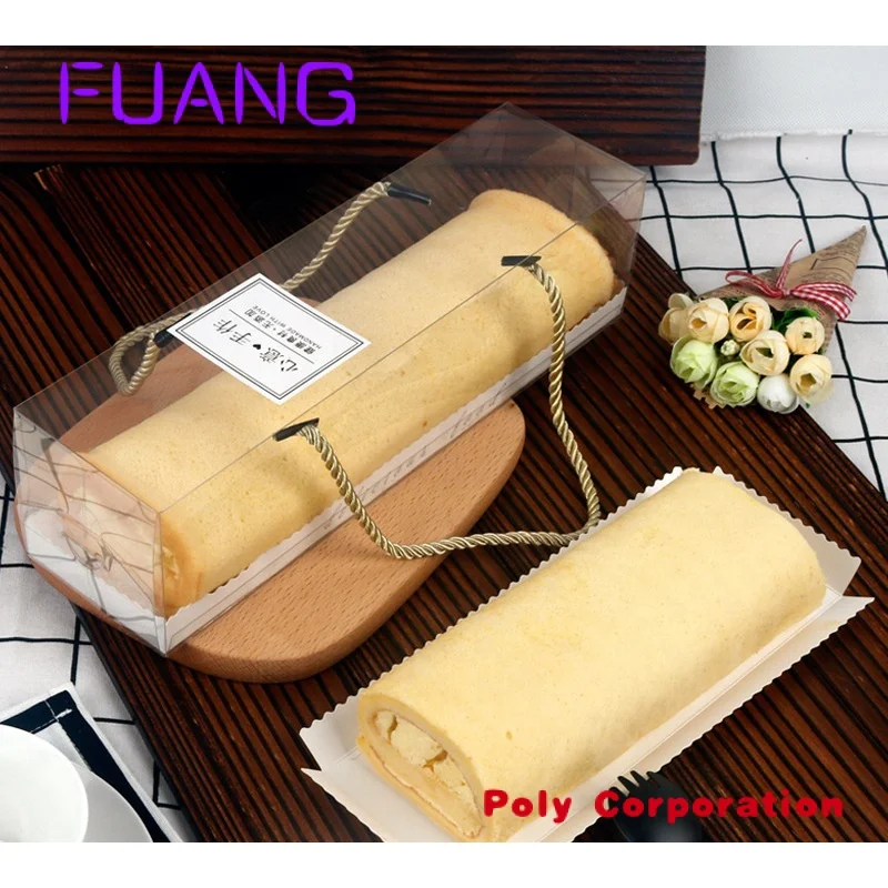 

Custom Baking packing pastry box transparent mousse Swiss cake roll box with rope handle