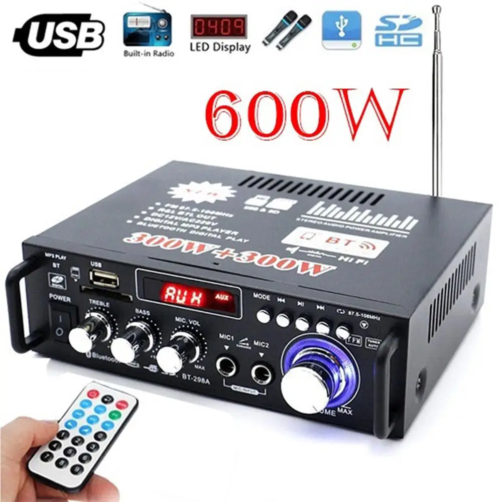 무선 호환 미니 앰프, 2CH HIFI 오디오, HIFI 스테레오 파워 앰프, USB FM 라디오, 리모컨 포함, 자동차 홈