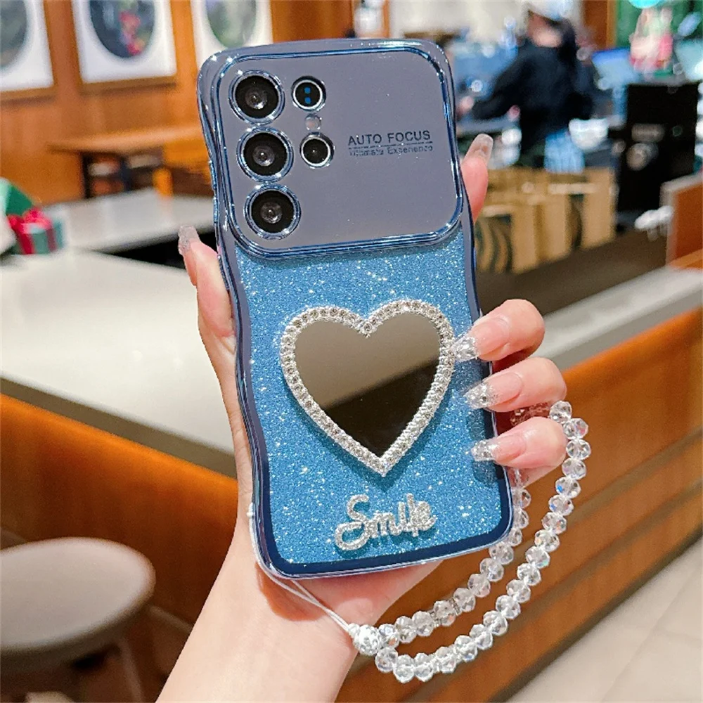 Love Heart Makeup Mirror Shiny Case with Crystal Wrist Chain Cover