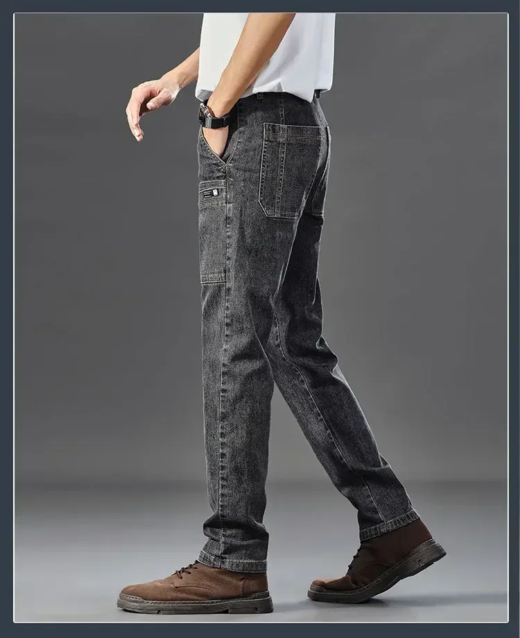 2024 Six-Pocket Jeans Men's Convenient Cargo Jeans Trendy Brand Youth Straight Work Pants Slim Fit Large Pocket Men's Pants
