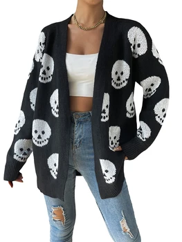 Women s Halloween Casual Knit Cardigan Long Sleeve Open Front Skull Print Knitwear Sweater 1