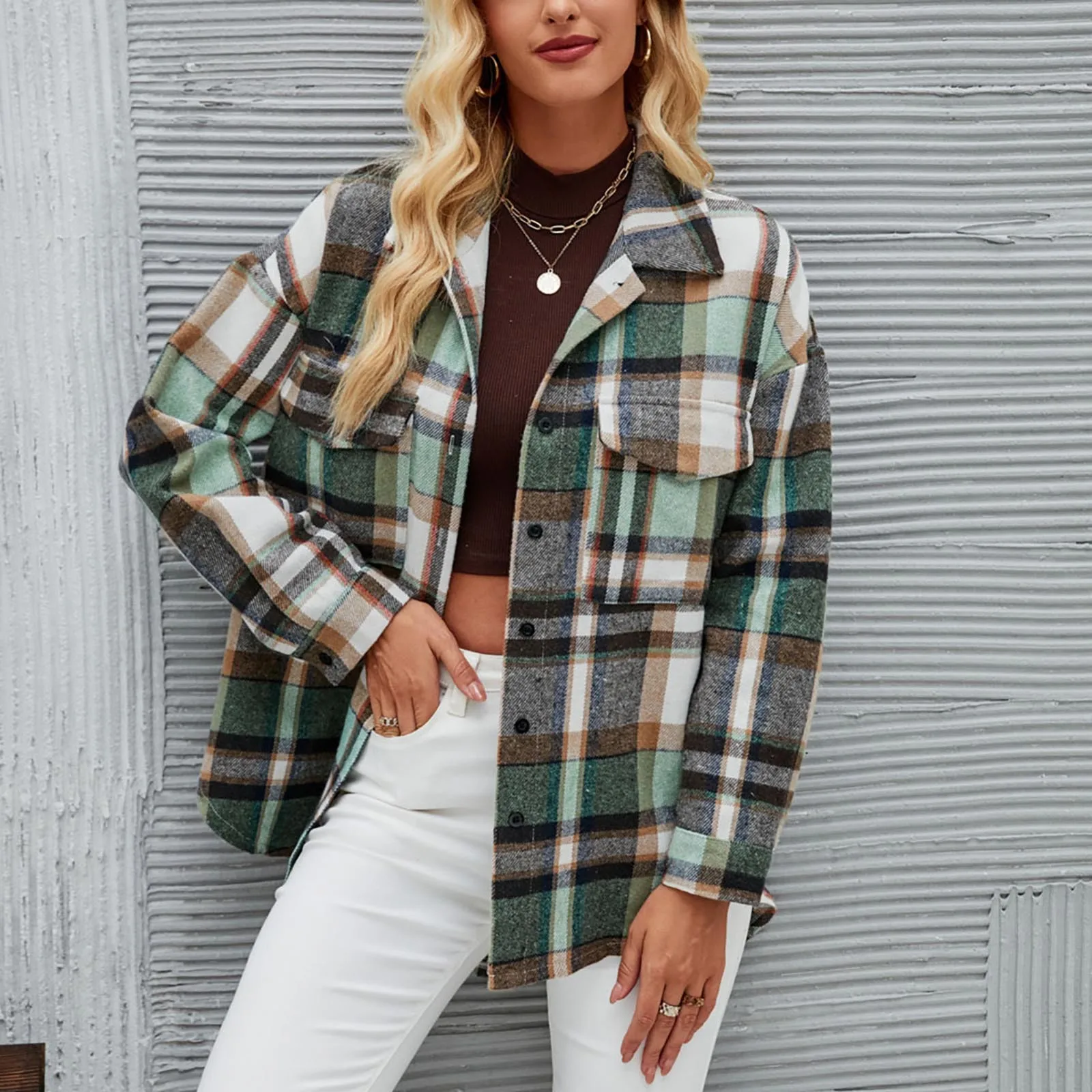 Women's Long Sleeve Woolen Plaid Jacket 1