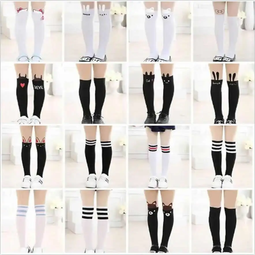 4 To 14 Year Children's Girls Thin Tights Pantyhose Knee Fake Tattoo Velvet Stocking Cartoon Kitty Cat kids pantyhose