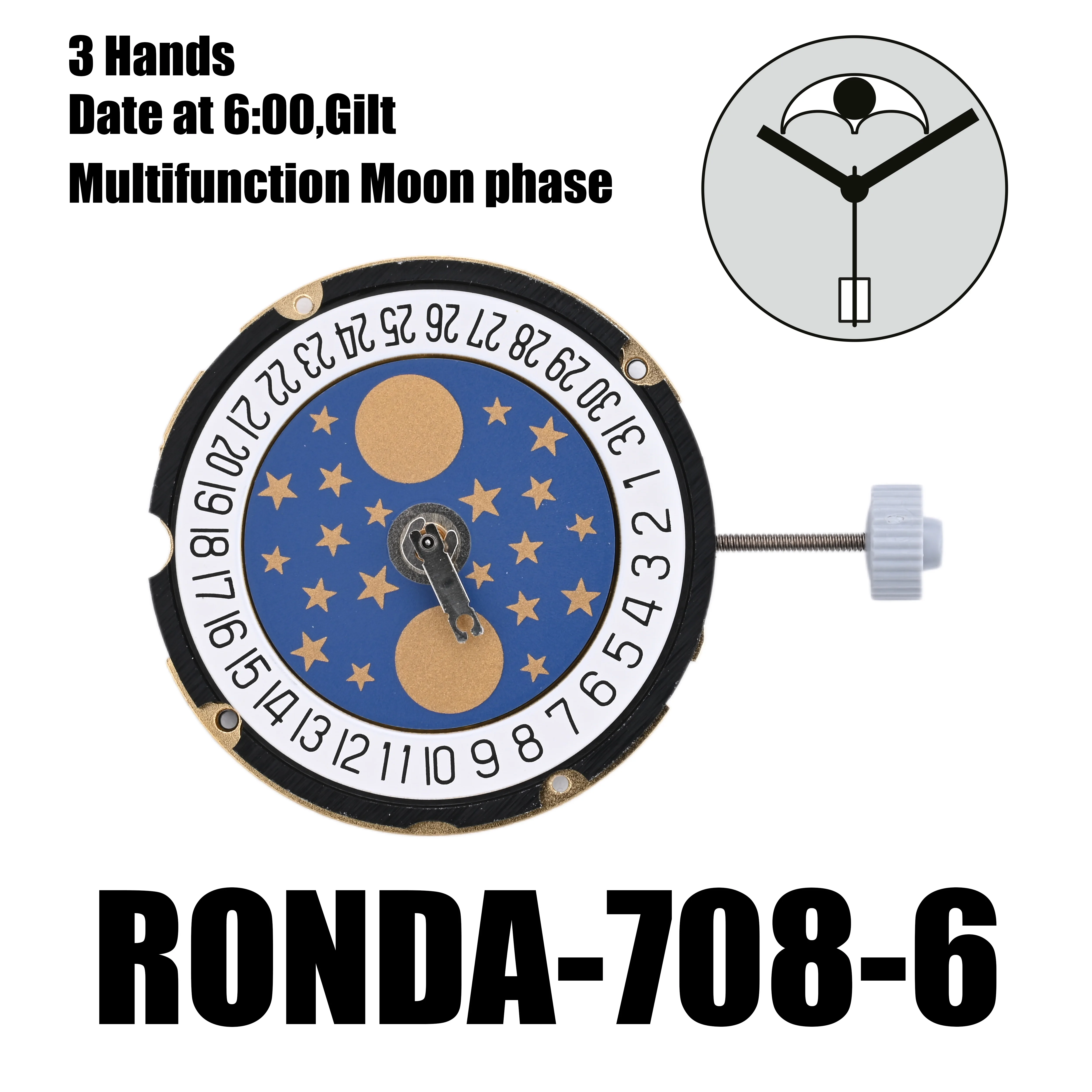 708 Movement Swiss Ronda 708 Movement Gilt Hands Date At O