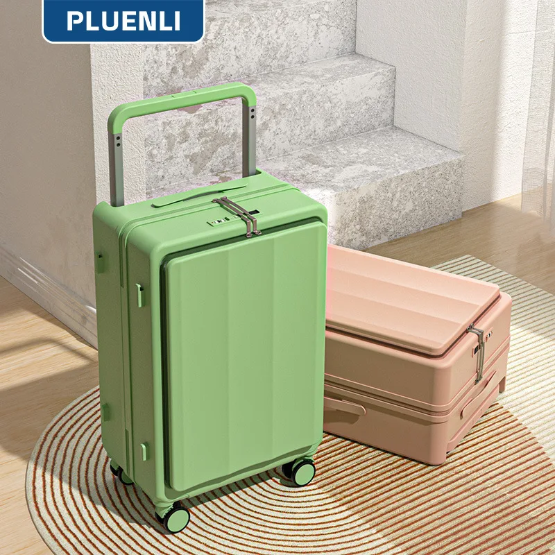 

PLUENLI Draw-Bar Luggage Wide Multi-Functional Front Fastening Trolley Case with Cup Holder Usb Charging Interface Boarding Bag
