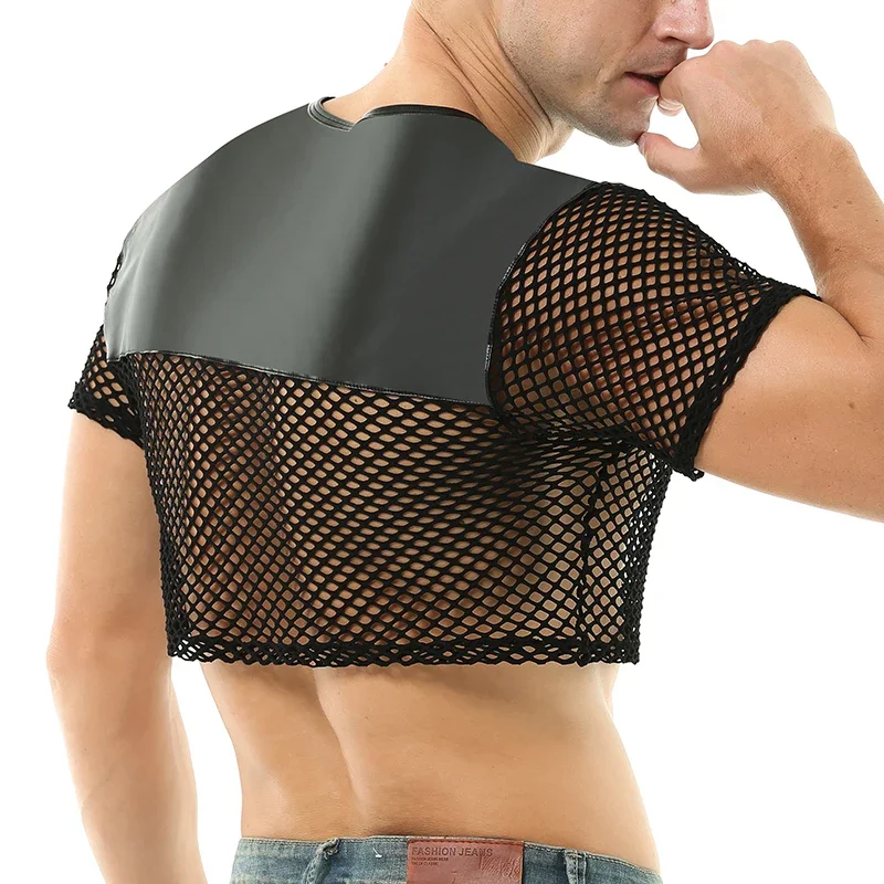 Men Leather Mesh Tops See Through Cropped T-shirts Transparent Fishnet Tee Short Sleeve Shirts Night Clubwear