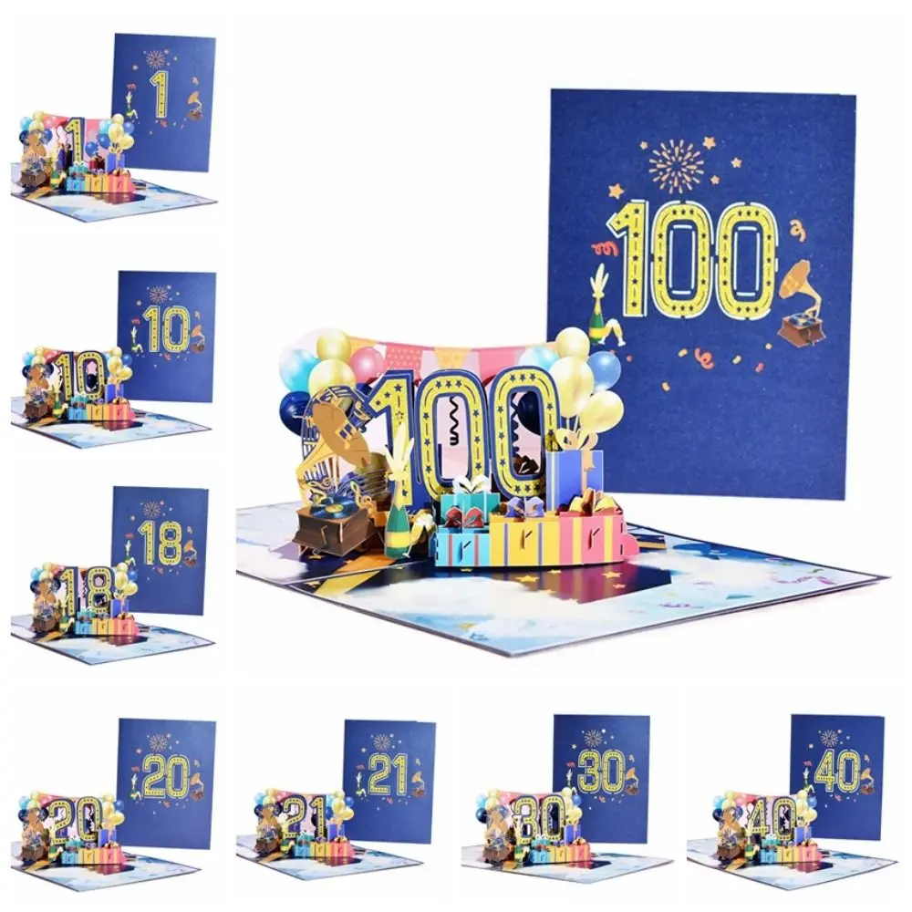 Paper 3D Ballon Greeting Card Handcrafted Blue 1-100 Anniversary Card Portable with Envelope Anniversary Greeting