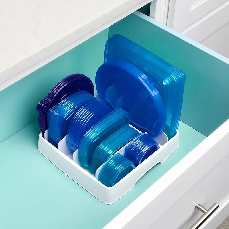 Adjustable Food Container Lid Organizer for Kitchen Cabinet Storage
