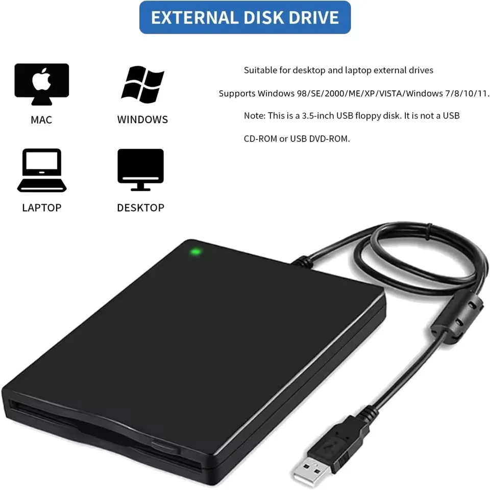 Floppy Disk Reader External USB 3.5 inch 1.44 MB FDD Disk Drive for PC Laptop Windows 11/10/8/7/XP