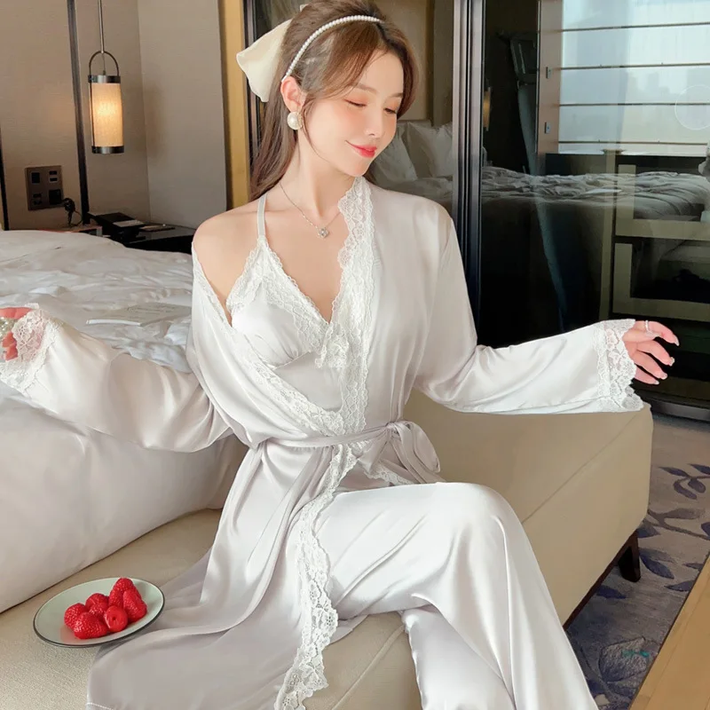 Women 3 Piece Pajama Sets Lace Pijama Faux Silk Satin Pyjama Female Sleepwear Long Sleeve Robe Cami Pants Homewear Suit Nigtwear