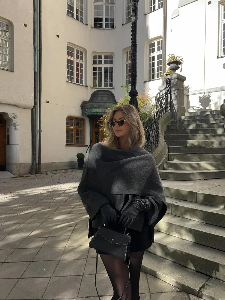Women Fashion Scarf Decorated Woolen Jacket Casual Solid Long Sleeve Loose Warm Overcoat 2024 Autumn Winter New Lady Chic Coat 5