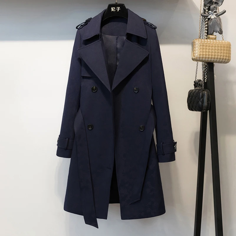 Classic Simple Elegant Trench Coat Women's Mid-Length Double Breasted 2023 Spring New Sky Blue Windbreaker Top Overcoat Outwear