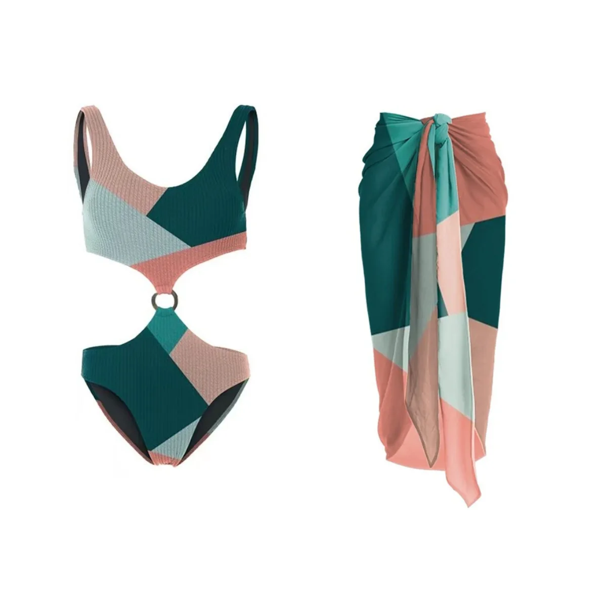 Women's swimsuit 2024 new color contrast one-piece bikini two-piece cross-border wishi gauze skirt holiday bathing suit