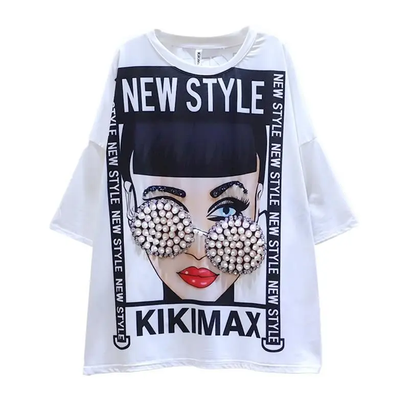 

100% Cotton T Shirt Womens Trend fashion beading T-Shirt Korean Cartoon short sleeve tops Girls Oversized Tshirt summer