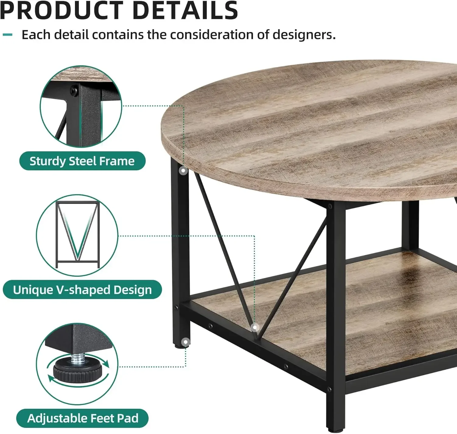 Round Coffee Table,Rustic Wood Coffee Tables for Living Room with Storage Shelf, Modern Farmhouse Circle Coffee Table 6