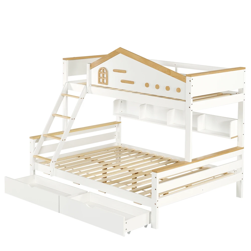 90 x 200 cm und 140 x 200 cm großes Kinder-Etagenbett, mit farbigem Fallschirmgitter, zwei Schubladen, modernes Bett mit Fenster und vierstufiger Leiter – Detail 18
