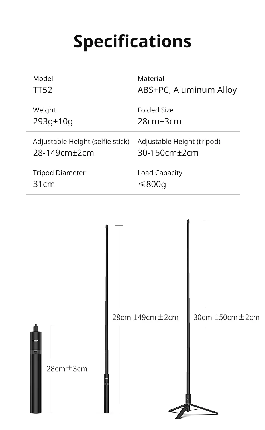 1.5m Portable Selfie Stick Tripod for Insta360/GoPro 28-150cm 800g Load for Live