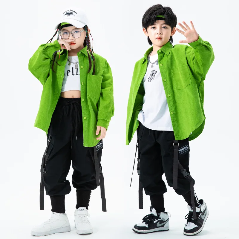

Jazz Dance Costume Children Clothes Fluorescence Green Shirt Loose Street Dance Pants Boys Hip Hop Dancing Clothes VDB6041
