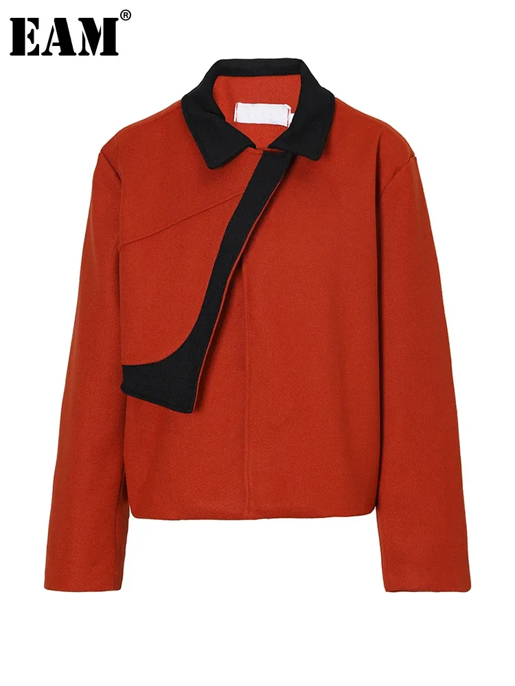 

[EAM] Loose Fit Red Color-block Big Size Woolen Jacket New Lapel Long Sleeve Women Coat Fashion Tide Spring Autumn 2024 1DF3506