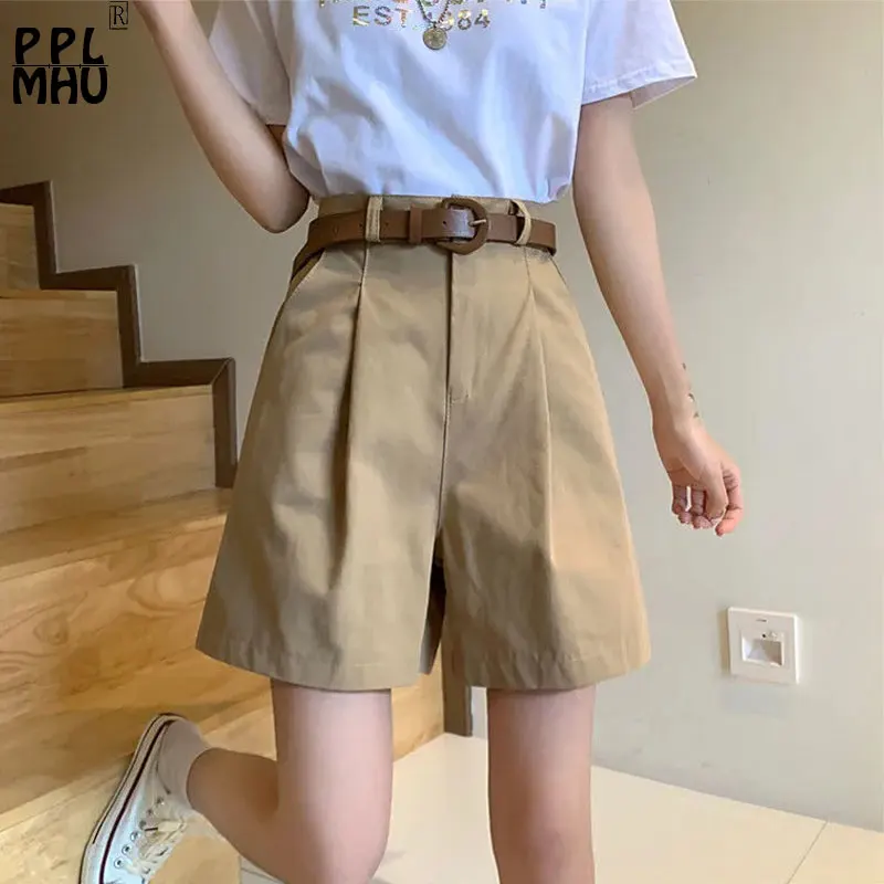 

Summer Khaki High Waist Belt Shorts Women Thin Casual Baggy Short Cargo Pants Basic Fashion Cotton Wide Leg Pantalones Cortos
