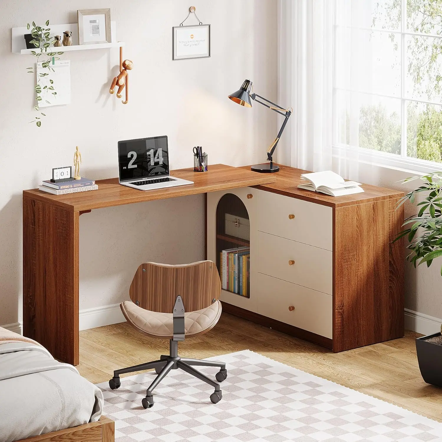 L Shaped Computer Desk with Drawers, Modern Corner Home Office Desk with Reversible Storage Cabinet, Long Study Writing Desk