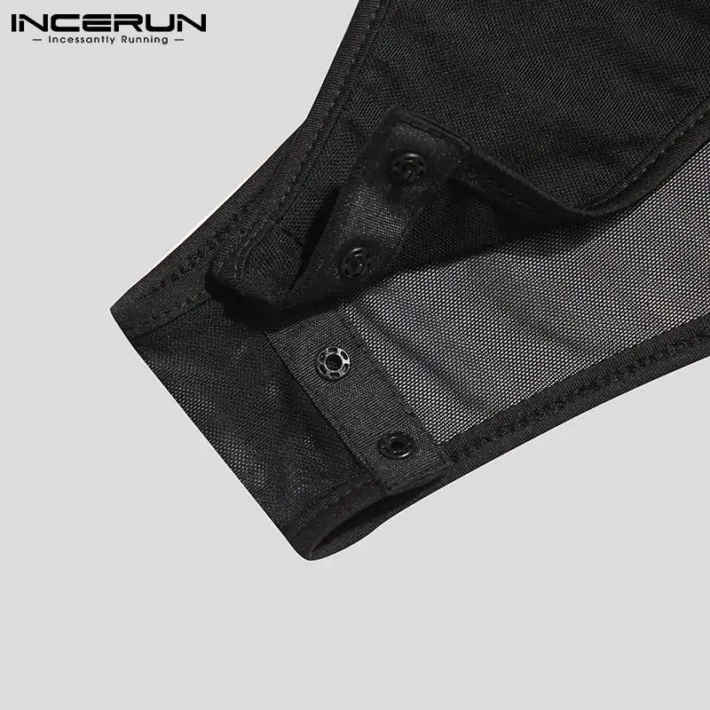 INCERUN 2022 Comfortable Homewear Men's Jumpsuit See-through Mesh Solid Color Male Irregular Sleeveless Triangle Bodysuits S-5XL mens pajama bottoms